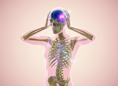 Translucent anatomical figure holding its head in pain for medical educational brochures, pharmaceutical advertising and migraine treatment campaigns with copy space