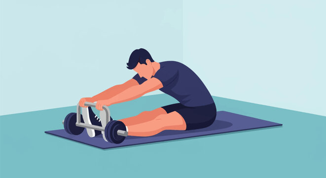 Vector illustration of a man sitting on a yoga mat performing a hamstring stretch while using a specialized stretching frame tool in a minimalist fitness room setting.