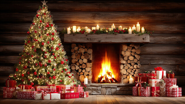 Christmas Tree and Fireplace Setting With Gifts and Candles in Cozy Room