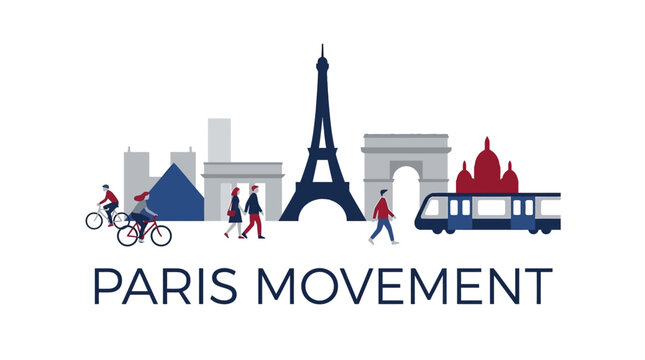 Flat vector illustration of Parisian urban lifestyle, showcasing iconic landmarks, diverse people, and modern city transportation