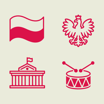 poland constitution day may 3 duotone icon set flag eagle building drum red white modern vector
