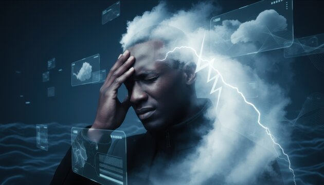Man with severe headache touching forehead among conceptual storm clouds and digital data for pharmaceutical advertising, migraine relief marketing and medical editorial