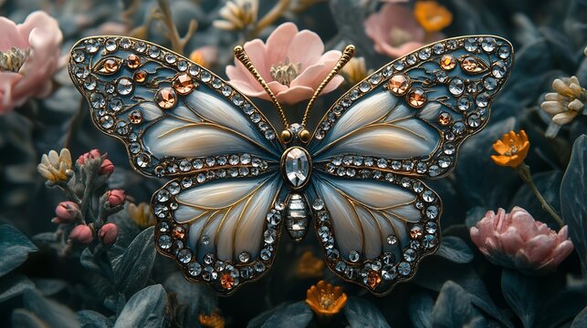 Whimsical butterfly shaped brooch with sparkling crystals on an elegant dress set against a garden party scene with lush greenery and flowers in full bloom