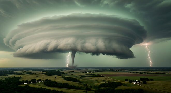 Massive supercell thunderstorm with rotating wall cloud and visible precipitation