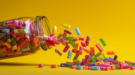 Fototapeta premium Colorful Candy Spilling from Glass Jar on Bright Yellow Background, Vibrant Sweet Treats for Celebrations, Parties, and Events, Playful and Fun Snack Experience
