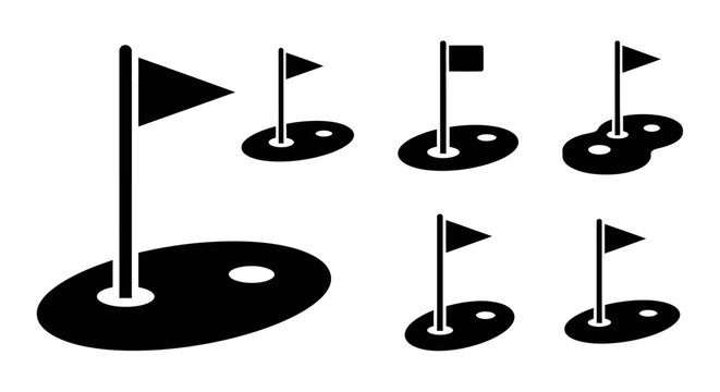 Golf Hole Icons Set: Flag, Green, Bunker, and Pin