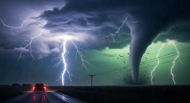 Dramatic storm scene a powerful tornado with lightning strikes