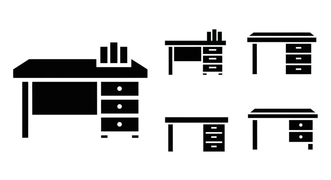 Office Desk Icons Set - Modern Furniture and Workspace Design