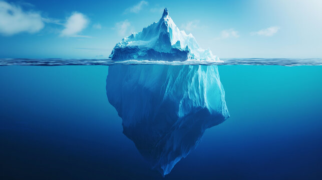 Iceberg with hidden underwater mass and visible peak above ocean surface concept of unseen depth metaphor for hidden truth