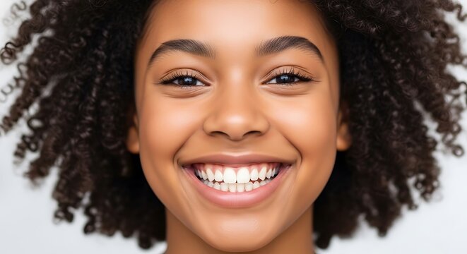 Closeup cropped front half face view of beautiful African teenage girl having natural afro curly hairs and charming wide toothy smile looks at camera. Advertises dental clinic services, gen Z person