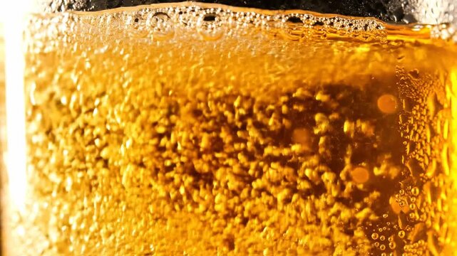 close up of golden beer with rising bubbles and condensation on glass, refreshing beverage