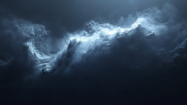 Dramatic dark cloud formation with illuminated edges creates mysterious and powerful atmosphere in night sky, showcasing nature dynamic and intense energy