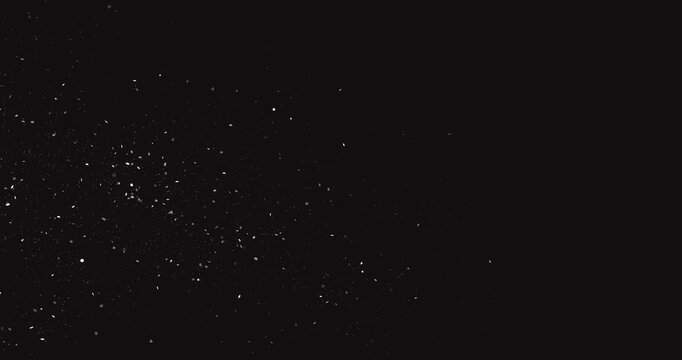 Small white particles drift gently across a black background like snow or cosmic dust.