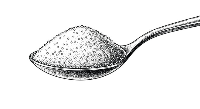 Detailed engraving of a metal spoon overflowing with a large mound of white granulated sugar or salt isolated on white background.