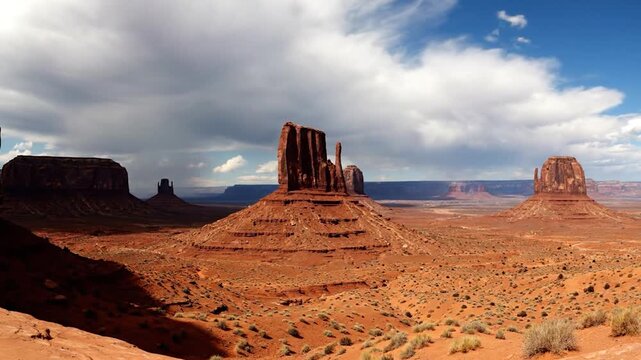 A scenic view of a vast desert landscape with large formations under a cloudy sky, creating a beautiful natural panorama