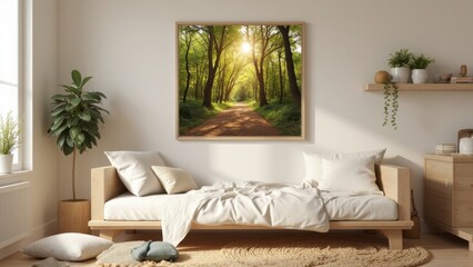 Fototapeta premium Picture of forest path hanging on wall in bedroom, creating a peaceful and natural ambiance.