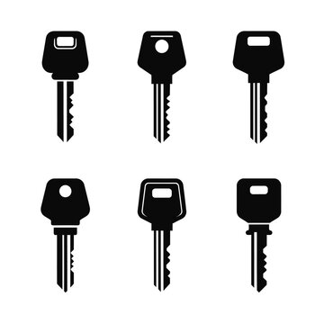 Set of Six Black House Keys Icons on White Background