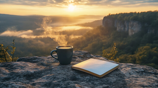 Steaming cup of coffee and open notebook rest on rocky ledge overlooking misty mountain valley at sunrise, evoking calm and peaceful morning inspiration