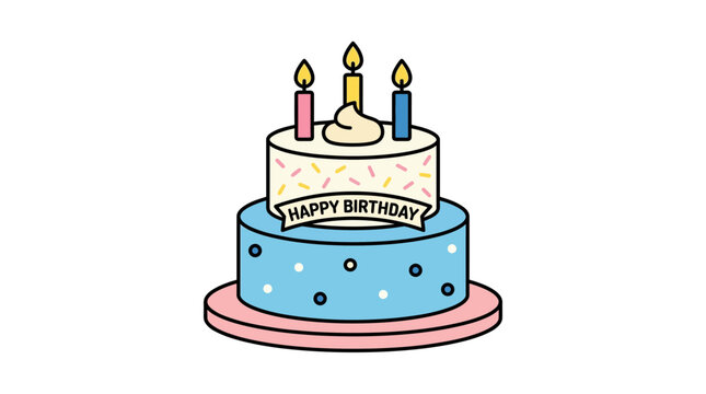 Two-tiered colorful birthday cake illustration with three burning candles and happy birthday banner, perfect for digital greeting cards, social media posts and party promotion materials