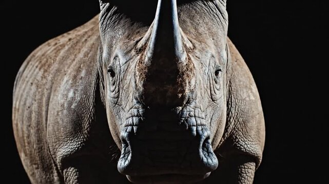 Close up front view of a powerful rhinoceros in dramatic lighting with a dark background.
