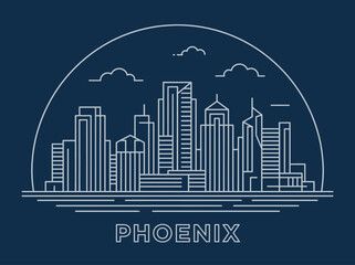 Fototapeta premium Phoenix Arizona City Skyline Line Art Illustration with Skyscrapers and Text on Dark Blue Background - Minimalist Vector Style Urban Landmark