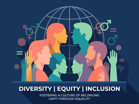 Diversity Equity and Inclusion Illustration with Diverse People Profiles and Global Symbols