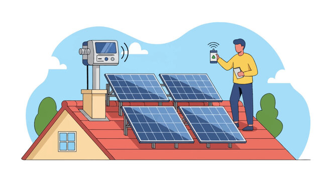 Vector illustration of a technician or homeowner on a red tiled roof monitoring four photovoltaic solar panels using a smartphone app connected to a smart energy meter system.