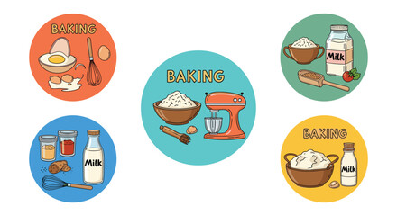 Fototapeta premium Baking hobby and profession labels set with ingredients and tools like mixer flour eggs and milk for bakery shop and home cook.