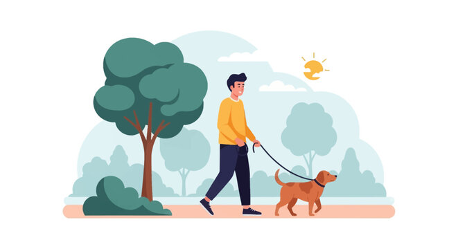 Vector illustration of a young man in a yellow sweater walking his brown dog on a leash through a stylized green park with trees, clouds, and sun on a white background.