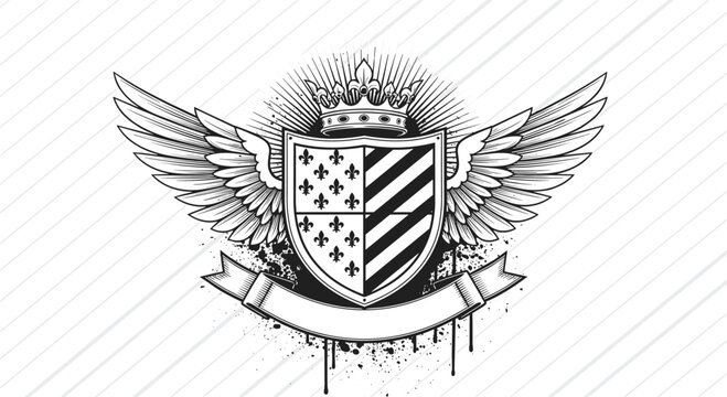 Heraldic crest with winged shield crown and blank ribbon banner vintage style line art illustration for luxury brand branding.