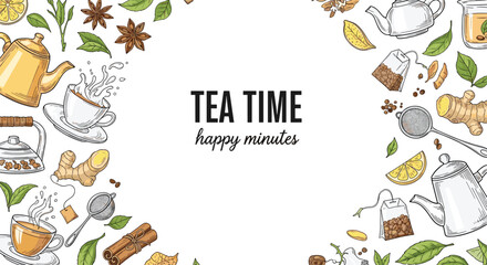 Fototapeta premium Tea time border with teapots cups tea leaves ginger and spices colorful hand drawn illustration set for cafe menu design.