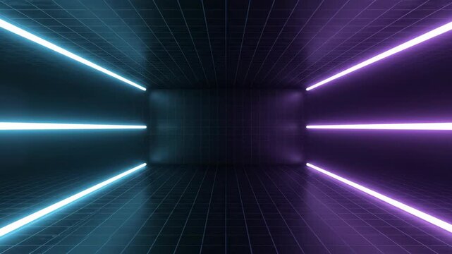 Futuristic 3D neon tunnel with glowing blue and purple light bars and a floor grid in a dark digital space.