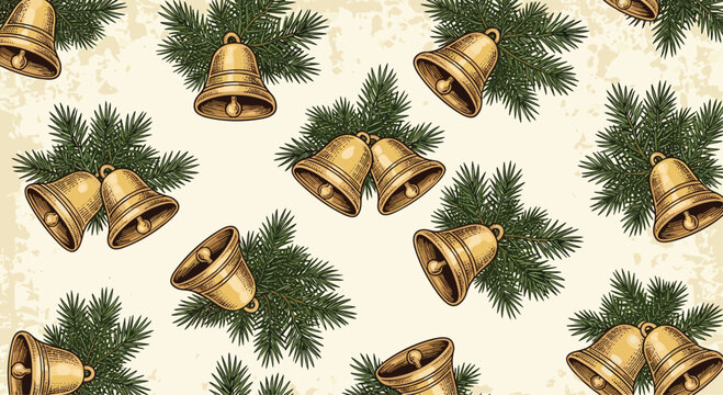Festive seamless Christmas pattern of golden bells and green pine branches on an aged vintage paper background.