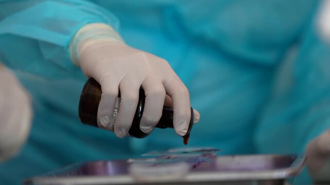Gloved hand staining slide in laboratory with dropper and microscope glass tray specimen sample research medical analysis laboratory setting