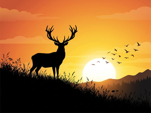 Majestic Stag Silhouette at Sunset in Mountainous Forest Landscape