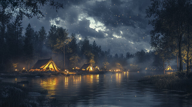Riverside campsite under dark cloudy sky with glowing tents and firelight flickering, reflecting warmly on calm water, creating peaceful and magical night scene