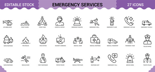 Emergency services icon set showcasing medical response units fire rescue teams and police patrol. © BHUIYAN VECTOR