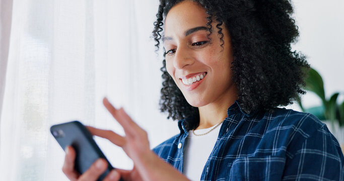 Laugh, texting and woman in house with phone, online communication and comic post on social media. Happy, digital and female person in home with tech, funny message or meme reaction on chat app.