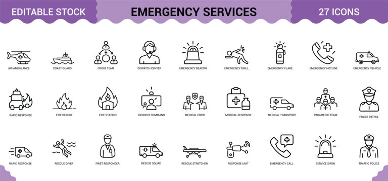Emergency services icon set showcasing medical response units fire rescue teams and police patrol.