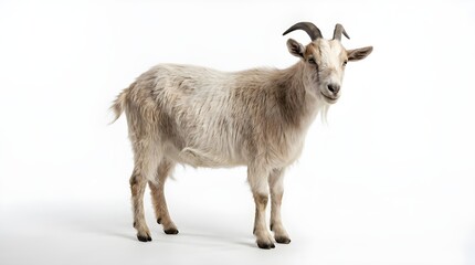 Fototapeta premium A white goat with curved horns stands on a plain white background looking forward.
