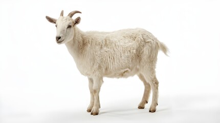 Fototapeta premium The white mountain goat is standing on a plain.