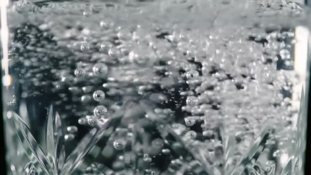 close up shot of effervescent bubbles rising in sparkling water within a crystal glass, refreshing liquid motion