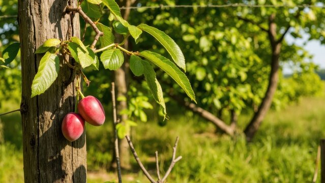 Fresh blooms on two cherry trees in a field, hinting at the coming harvest season.