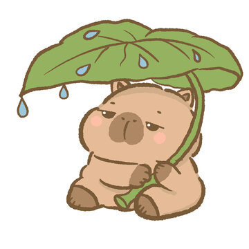 Cute Capybara Leaf Umbrella Clipart Kawaii Rainy Day Capybara Under Leaf Nature Animal Cozy Relaxing Illustration