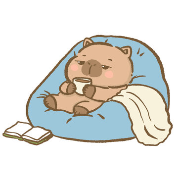 Kawaii Relaxing Capybara Bean Bag Clipart Cute Cozy Capybara Drinking Coffee Lazy Animal Comfort Home Illustration