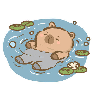 Cute Floating Capybara Clipart Kawaii Relaxing Capybara In Water Lily Pond Calm Nature Illustration