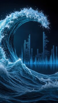 A digitally altered ocean wave blending with futuristic cityscape