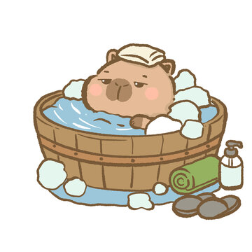 Kawaii Capybara Spa Bath Clipart Cute Relaxing Capybara In Wooden Tub Bubble Bath Self Care Animal Illustration