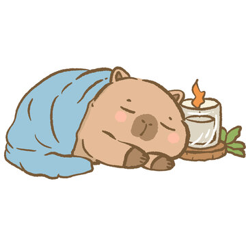 Kawaii Sleeping Capybara Clipart Cozy Blanket Nap Cute Relaxing Capybara With Candle Soft Aesthetic Hygge Illustration