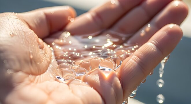Close-up of cupped hands holding clear fresh water with sun reflection.